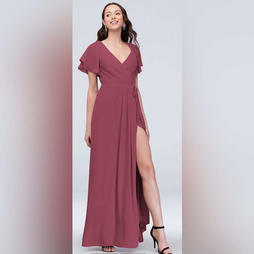David’s Bridal Flutter Sleeve Georgette Wrap Bridesmaids Dress Chianti F20039